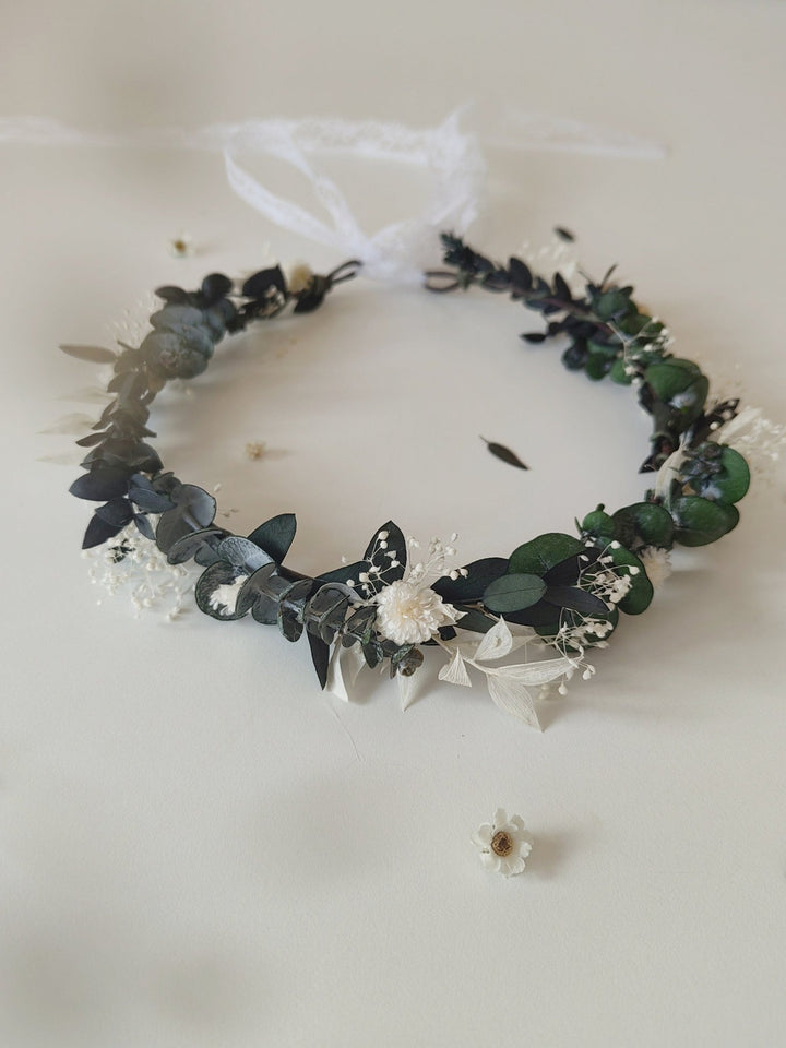 Eucalyptus Flower Wreath: Greenery Bridal Crown, Rustic Wedding Hair – handmade floral hair accessory by magaela
