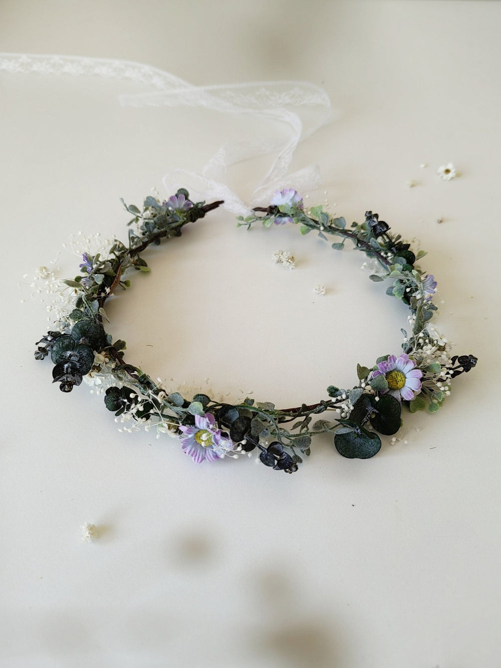 Daisy Eucalyptus Flower Wreath: Bridal Hair Accessory, Romantic Wedding – handmade floral hair accessory by magaela