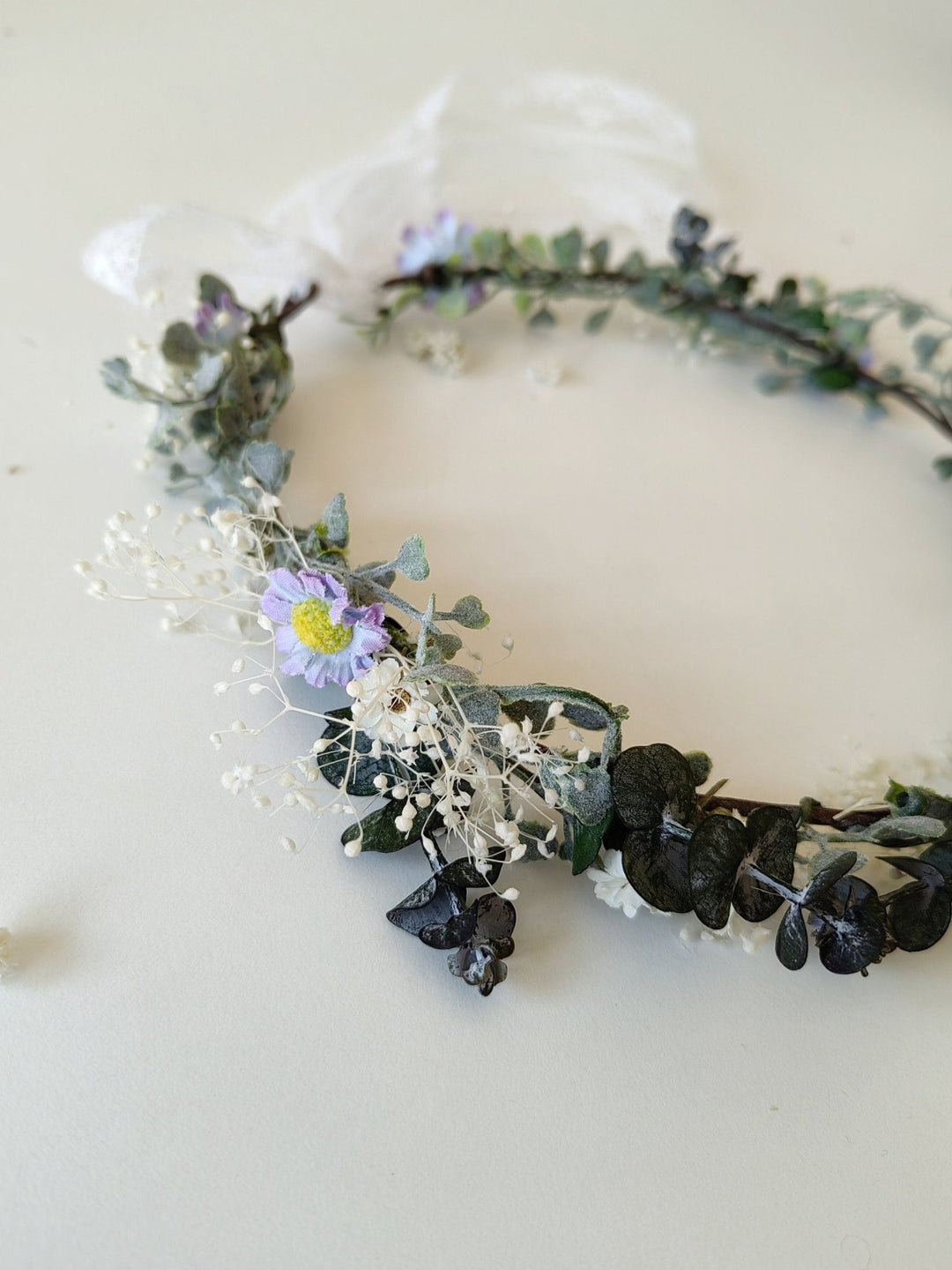 Daisy Eucalyptus Flower Wreath: Bridal Hair Accessory, Romantic Wedding – handmade floral hair accessory by magaela