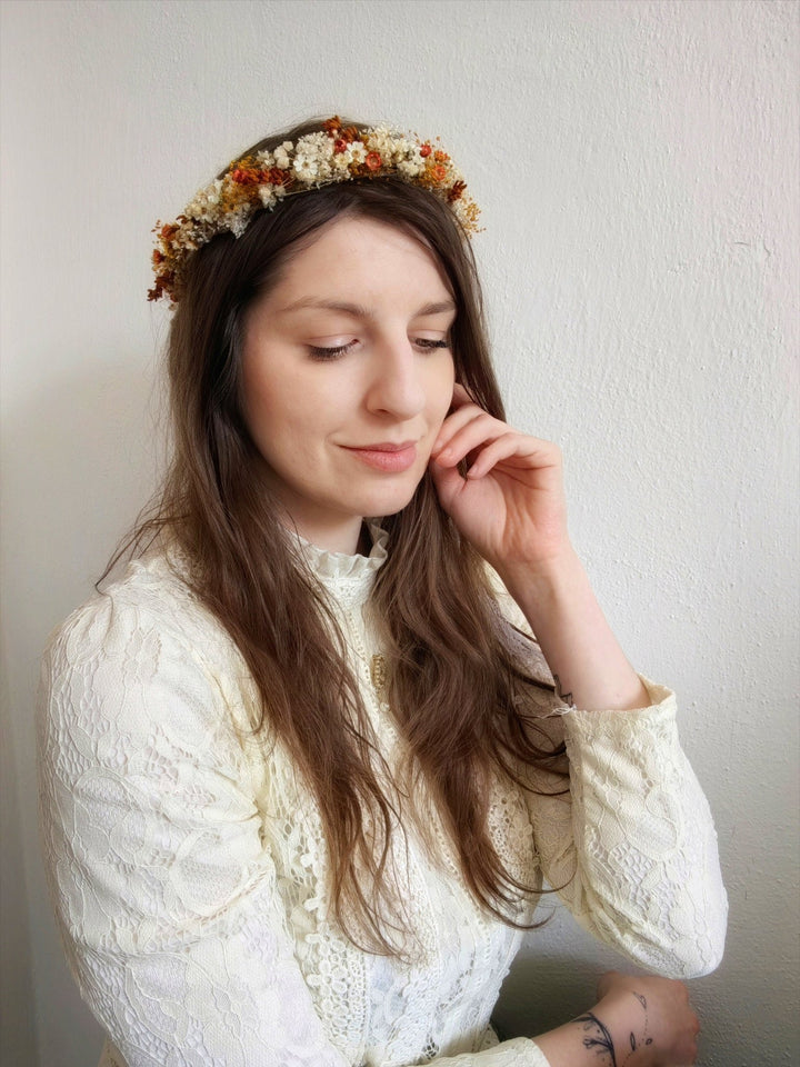 Terracotta Flower Bridal Crown: Preserved Cottagecore Wedding Wreath – handmade floral hair accessory by magaela