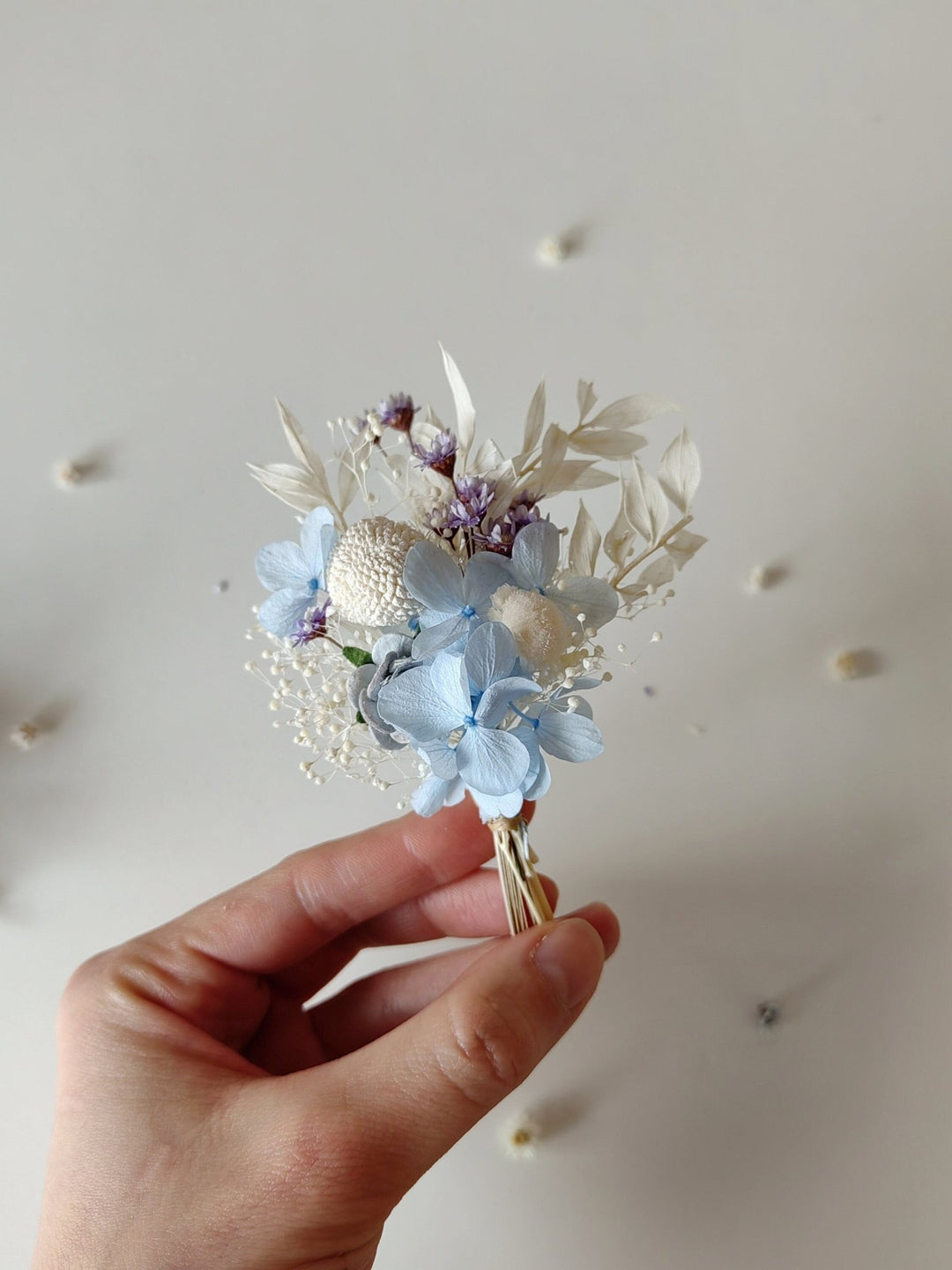 Baby Blue Hydrangea Boutonniere: Rustic Wedding Groomsmen Corsage – handmade floral hair accessory by magaela