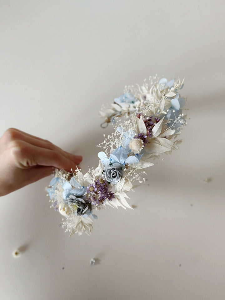 Baby Blue Hydrangea Bridal Wreath: Romantic Flower Hair Crown – handmade floral hair accessory by magaela