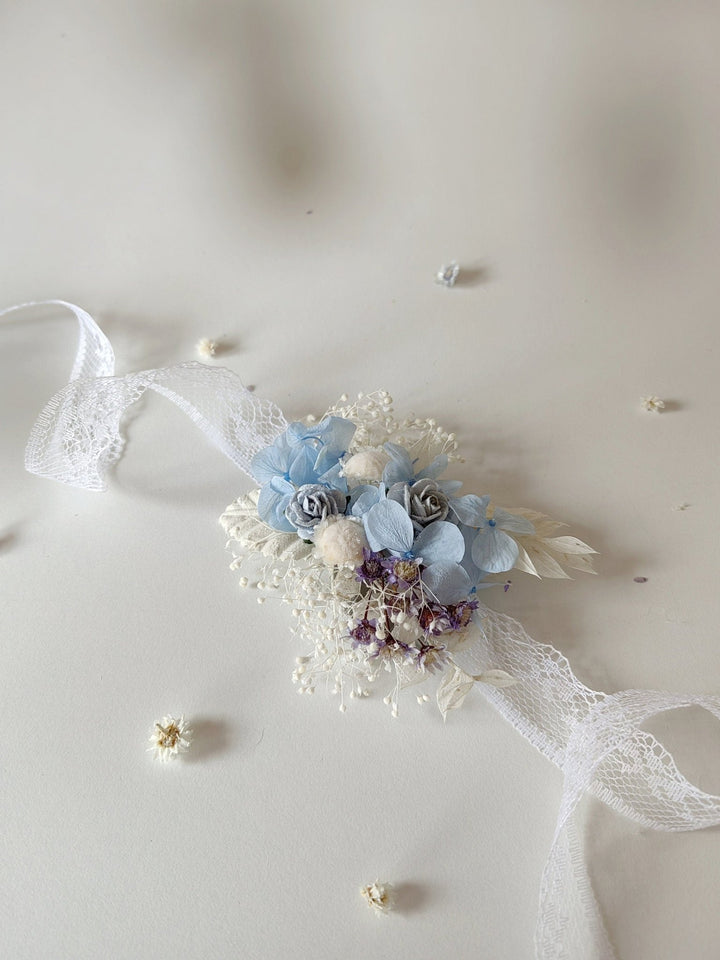 Baby Blue Hydrangea Bridal Bracelet: Preserved Flower Lace Wedding Jewelry – handmade floral hair accessory by magaela