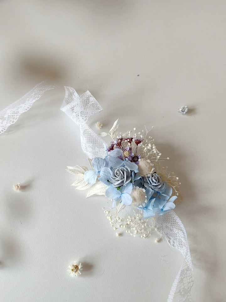 Baby Blue Hydrangea Bridal Bracelet: Preserved Flower Lace Wedding Jewelry – handmade floral hair accessory by magaela