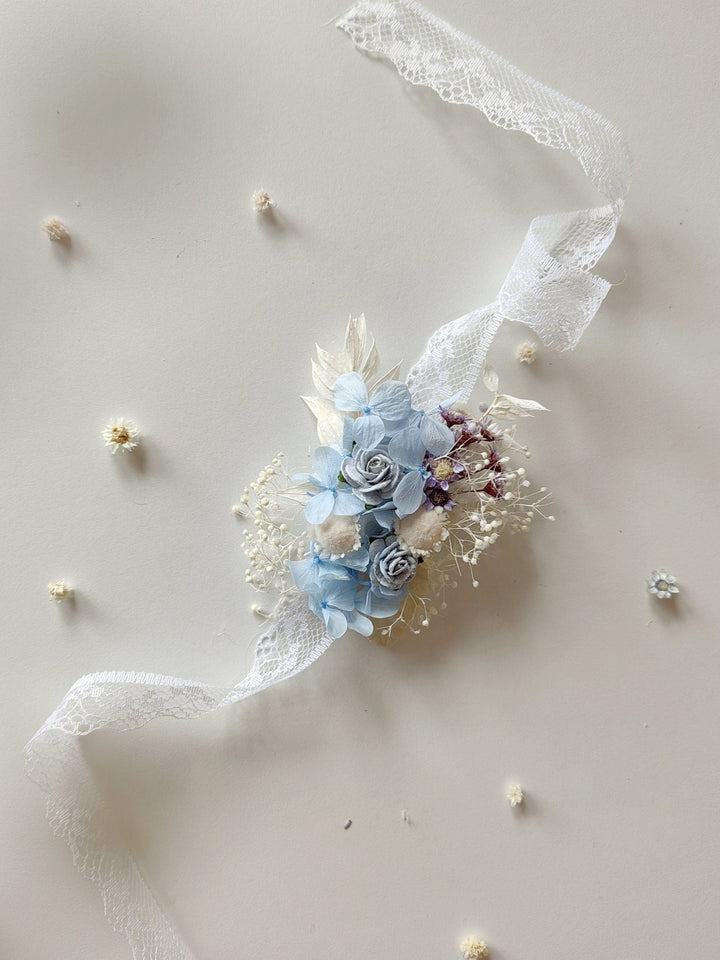 Baby Blue Hydrangea Bridal Bracelet: Preserved Flower Lace Wedding Jewelry – handmade floral hair accessory by magaela