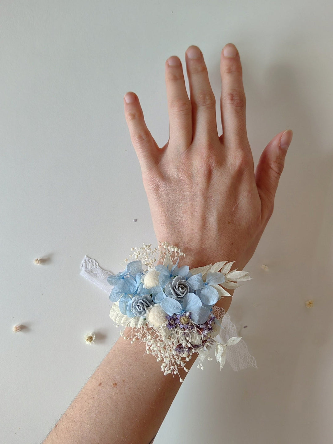 Baby Blue Hydrangea Bridal Bracelet: Preserved Flower Lace Wedding Jewelry – handmade floral hair accessory by magaela