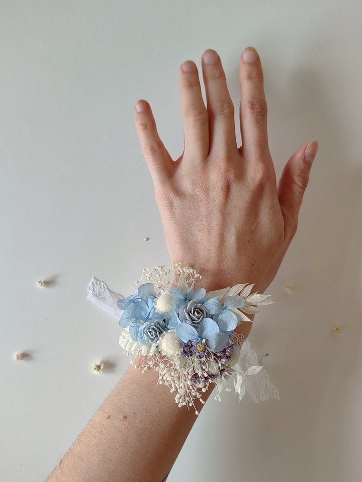 Baby Blue Hydrangea Bridal Bracelet: Preserved Flower Lace Wedding Jewelry – handmade floral hair accessory by magaela
