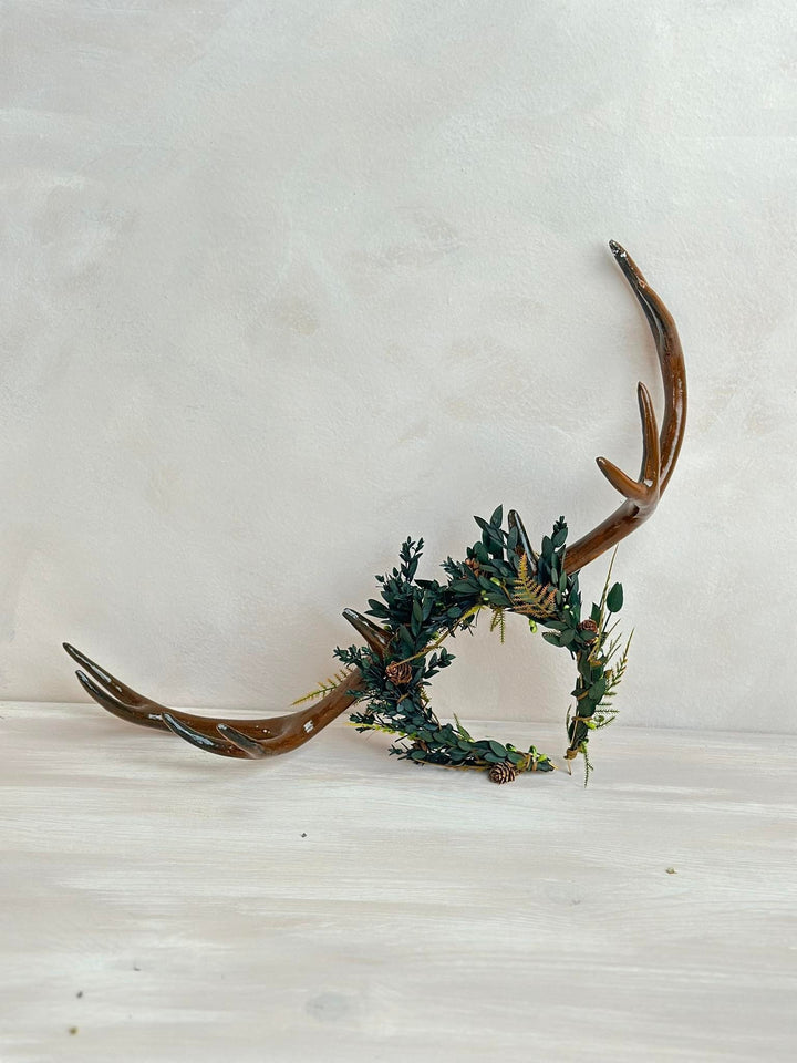 Black Flower Crown with Antlers: Halloween Wedding Headpiece – handmade floral hair accessory by magaela