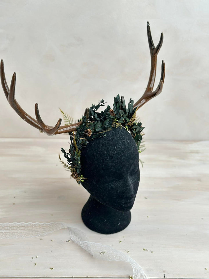 Black Flower Crown with Antlers: Halloween Wedding Headpiece – handmade floral hair accessory by magaela