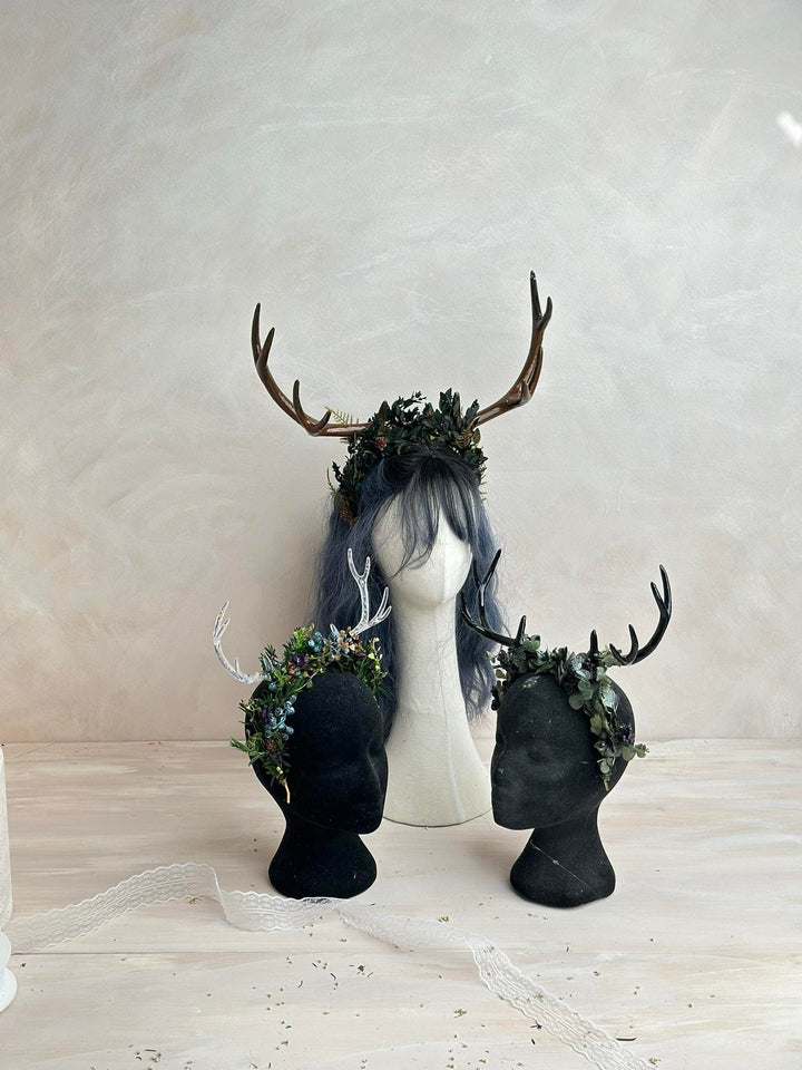 Black Flower Crown with Antlers: Halloween Wedding Headpiece – handmade floral hair accessory by magaela