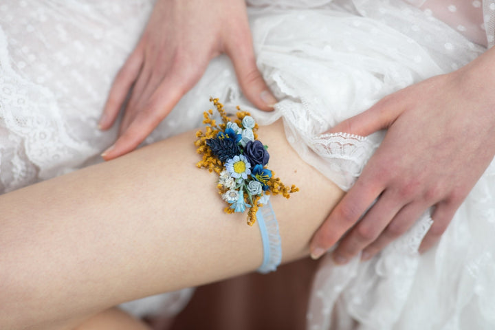 Something Blue Wedding Garter: Navy Floral Bridal Toss Garter – handmade floral hair accessory by magaela