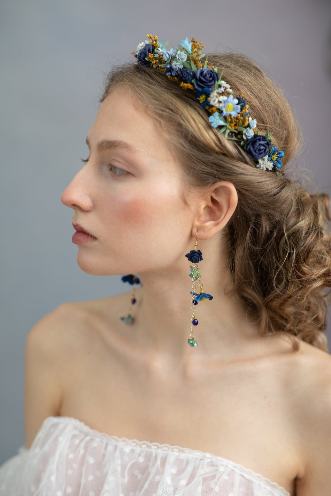 Navy Blue Flower Dangle Earrings: Bridal Wedding Jewelry – handmade floral hair accessory by magaela