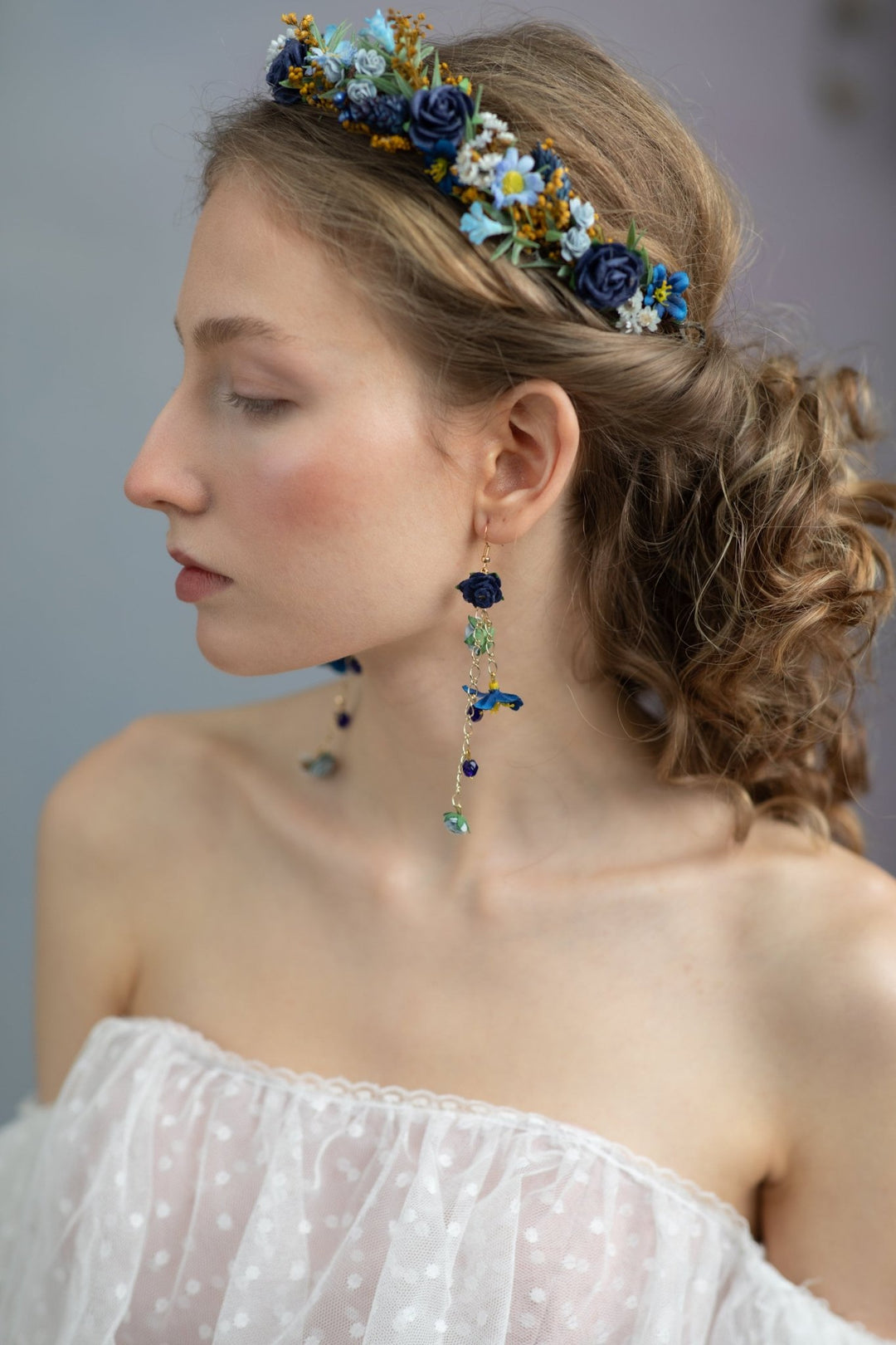 Navy Blue Flower Dangle Earrings: Bridal Wedding Jewelry – handmade floral hair accessory by magaela