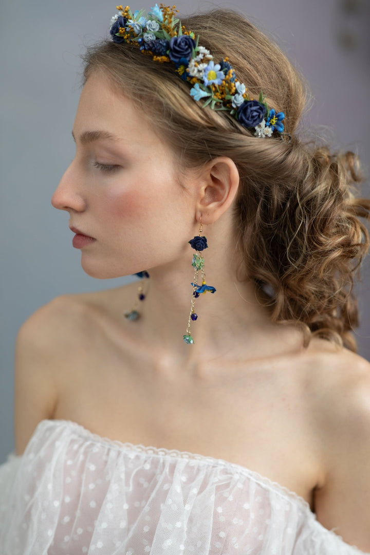 Navy Blue Flower Dangle Earrings: Bridal Wedding Jewelry – handmade floral hair accessory by magaela