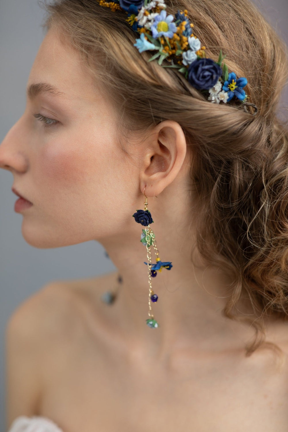Navy Blue Flower Dangle Earrings: Bridal Wedding Jewelry – handmade floral hair accessory by magaela