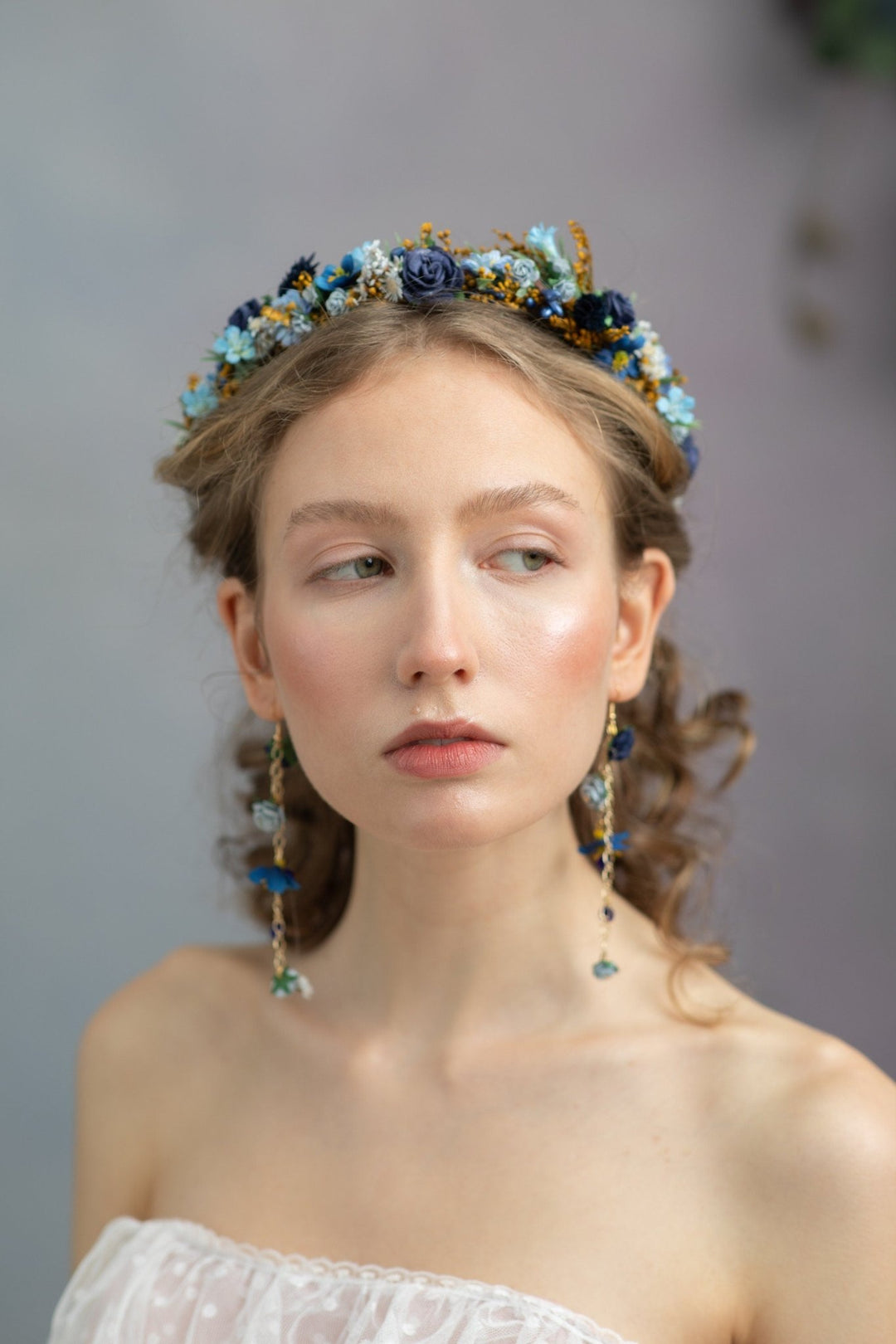 Navy Blue Flower Dangle Earrings: Bridal Wedding Jewelry – handmade floral hair accessory by magaela