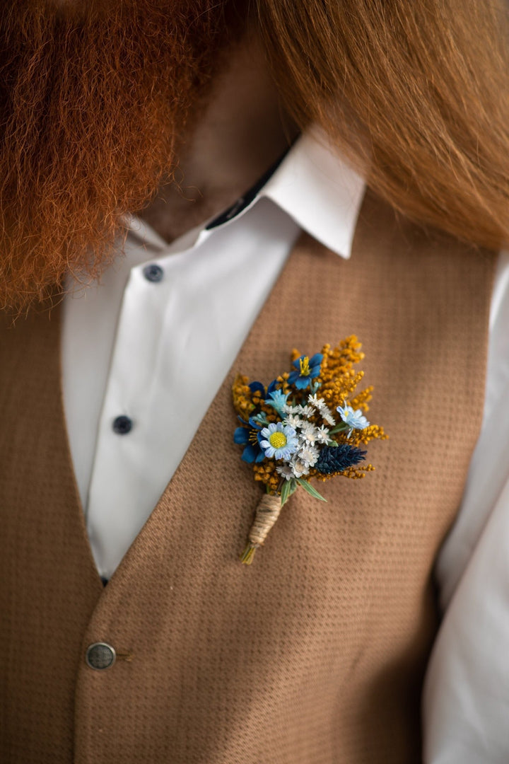 Navy Blue Groom Boutonniere: Meadow Wedding Lapel Flower – handmade floral hair accessory by magaela