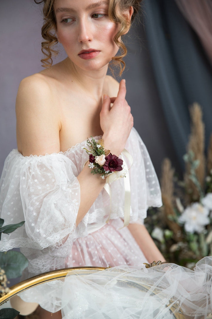 Burgundy Flower Bracelet with Ribbon: Romantic Bridal Corsage – handmade floral hair accessory by magaela