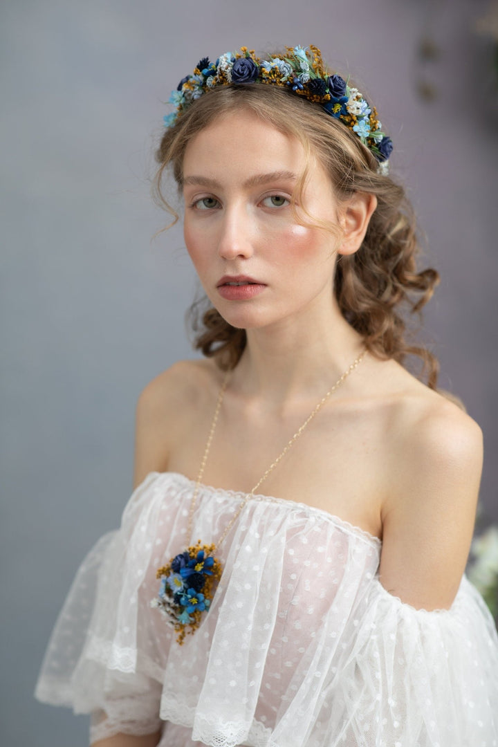 Navy Blue Rose Flower Crown: Bridal Headpiece, Something Blue – handmade floral hair accessory by magaela