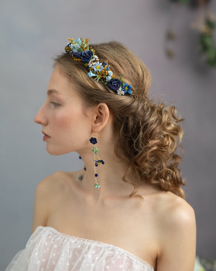 Navy Blue Rose Flower Crown: Bridal Headpiece, Something Blue – handmade floral hair accessory by magaela