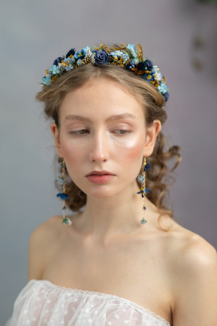 Navy Blue Rose Flower Crown: Bridal Headpiece, Something Blue – handmade floral hair accessory by magaela