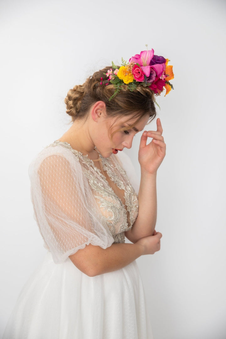 Frida Flower Headband: Lily, Fuchsia, Summer Wedding Headpiece – handmade floral hair accessory by magaela