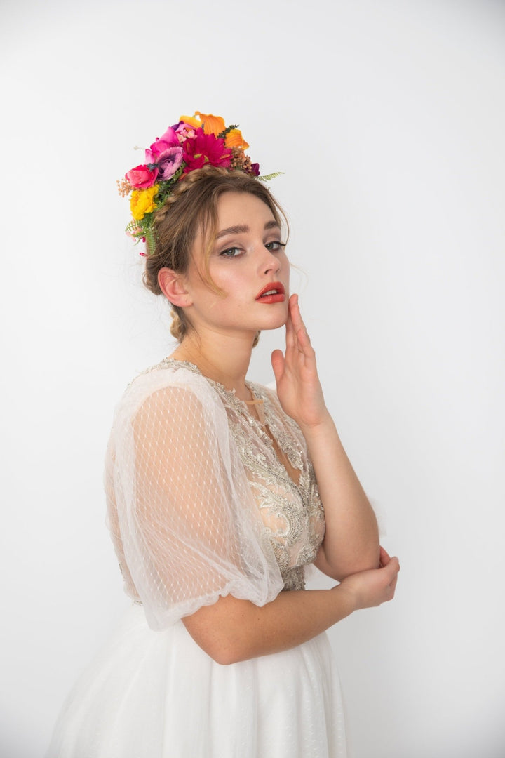 Frida Flower Headband: Lily, Fuchsia, Summer Wedding Headpiece – handmade floral hair accessory by magaela