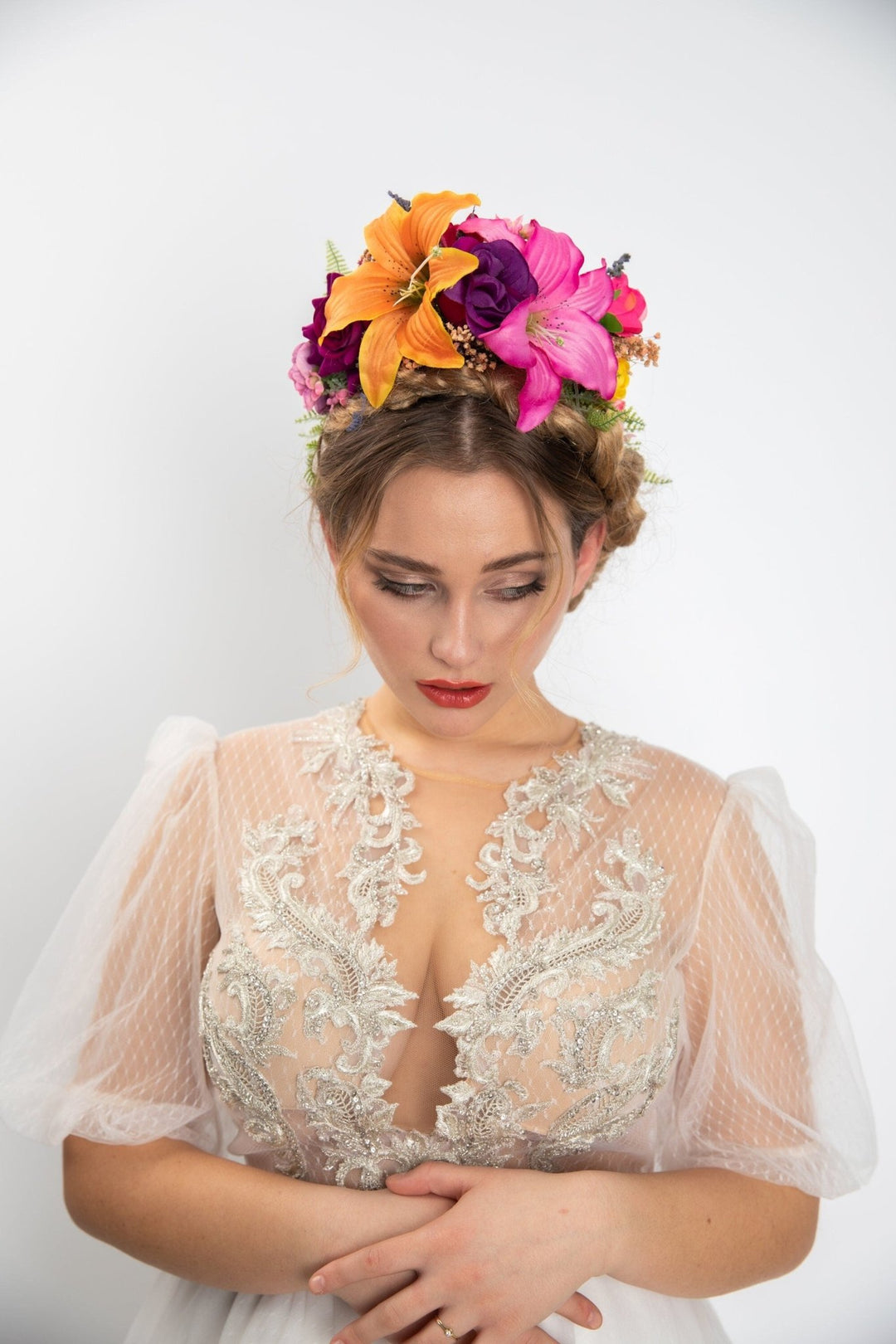 Frida Flower Headband: Lily, Fuchsia, Summer Wedding Headpiece – handmade floral hair accessory by magaela