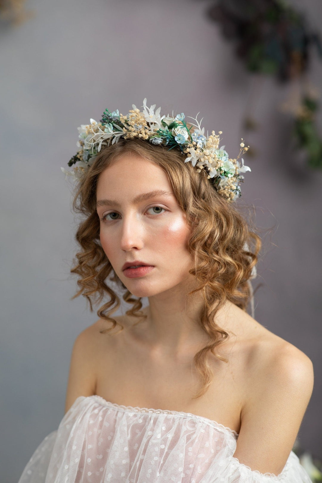 Dusty Blue Flower Crown: Bridal Hair Wreath, Baby's Breath Boho Crown – handmade floral hair accessory by magaela