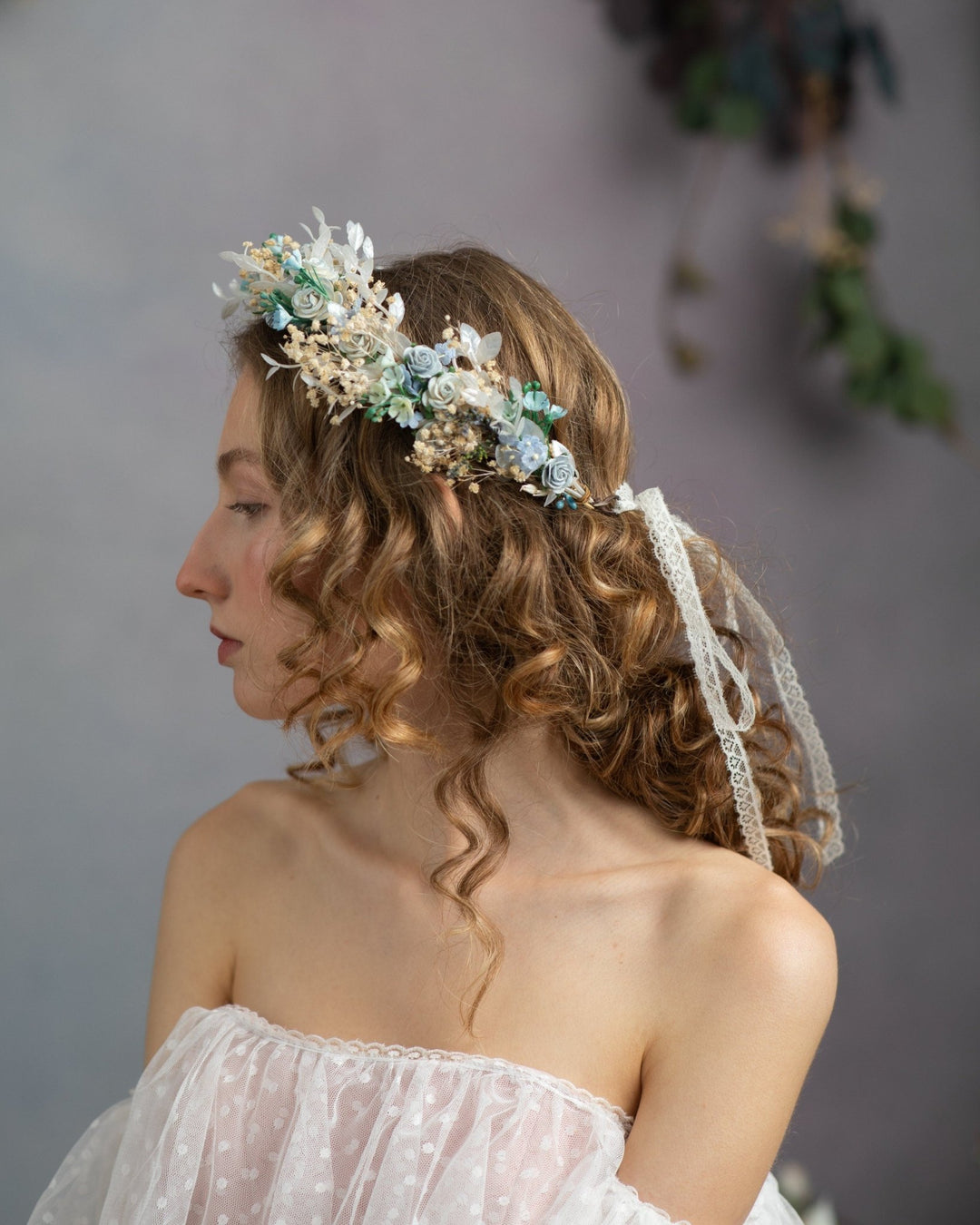 Dusty Blue Flower Crown: Bridal Hair Wreath, Baby's Breath Boho Crown – handmade floral hair accessory by magaela