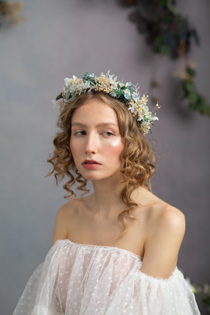 Dusty Blue Flower Crown: Bridal Hair Wreath, Baby's Breath Boho Crown – handmade floral hair accessory by magaela