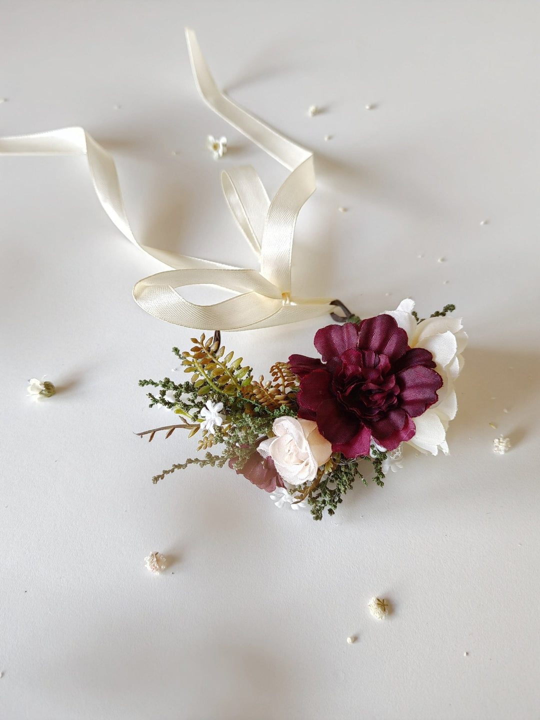Burgundy Flower Bracelet with Ribbon: Romantic Bridal Corsage – handmade floral hair accessory by magaela