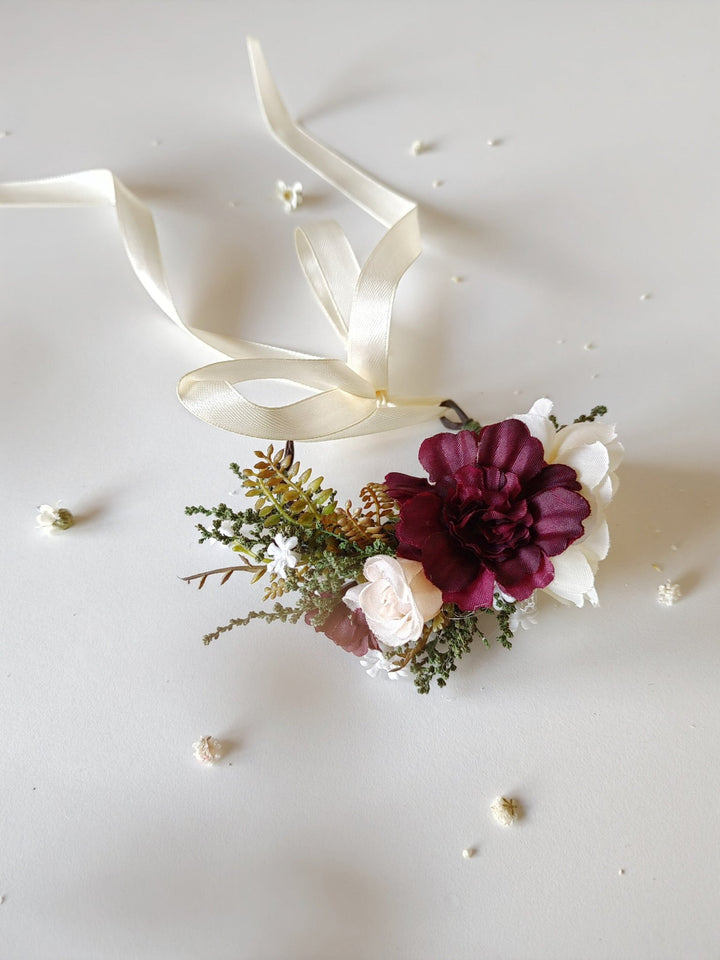 Burgundy Flower Bracelet with Ribbon: Romantic Bridal Corsage – handmade floral hair accessory by magaela