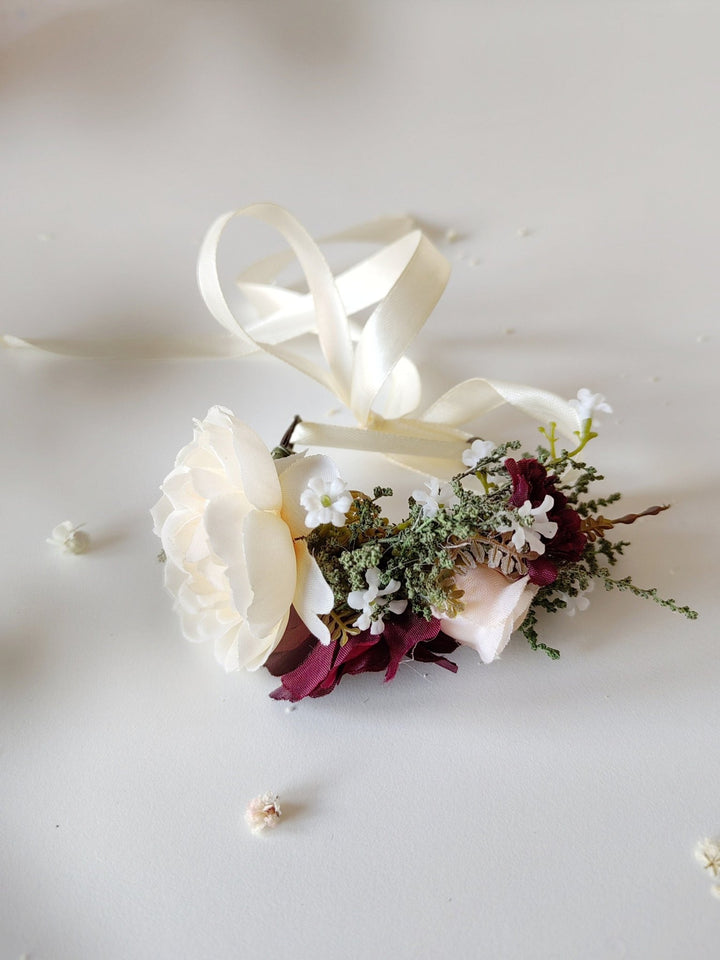 Burgundy Flower Bracelet with Ribbon: Romantic Bridal Corsage – handmade floral hair accessory by magaela
