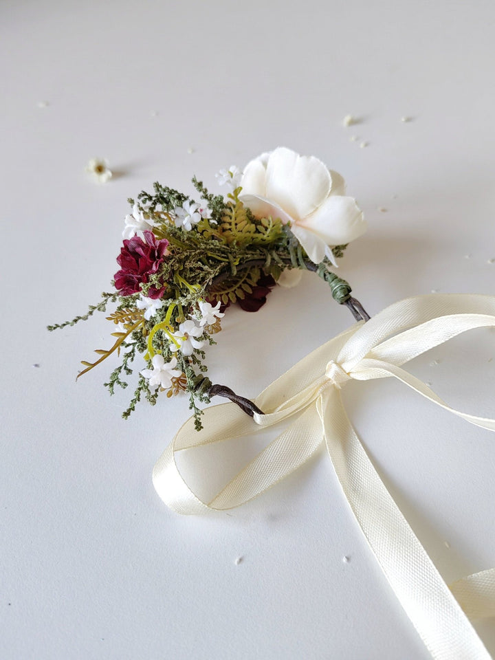 Burgundy Flower Bracelet with Ribbon: Romantic Bridal Corsage – handmade floral hair accessory by magaela