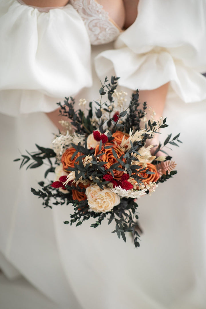 Terracotta Bridal Bouquet: Burnt Orange Rustic Wedding Flowers – handmade floral hair accessory by magaela