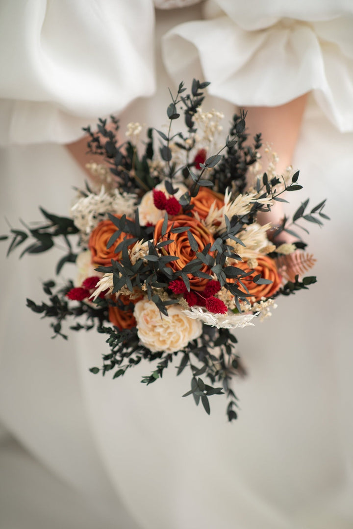 Terracotta Bridal Bouquet: Burnt Orange Rustic Wedding Flowers – handmade floral hair accessory by magaela