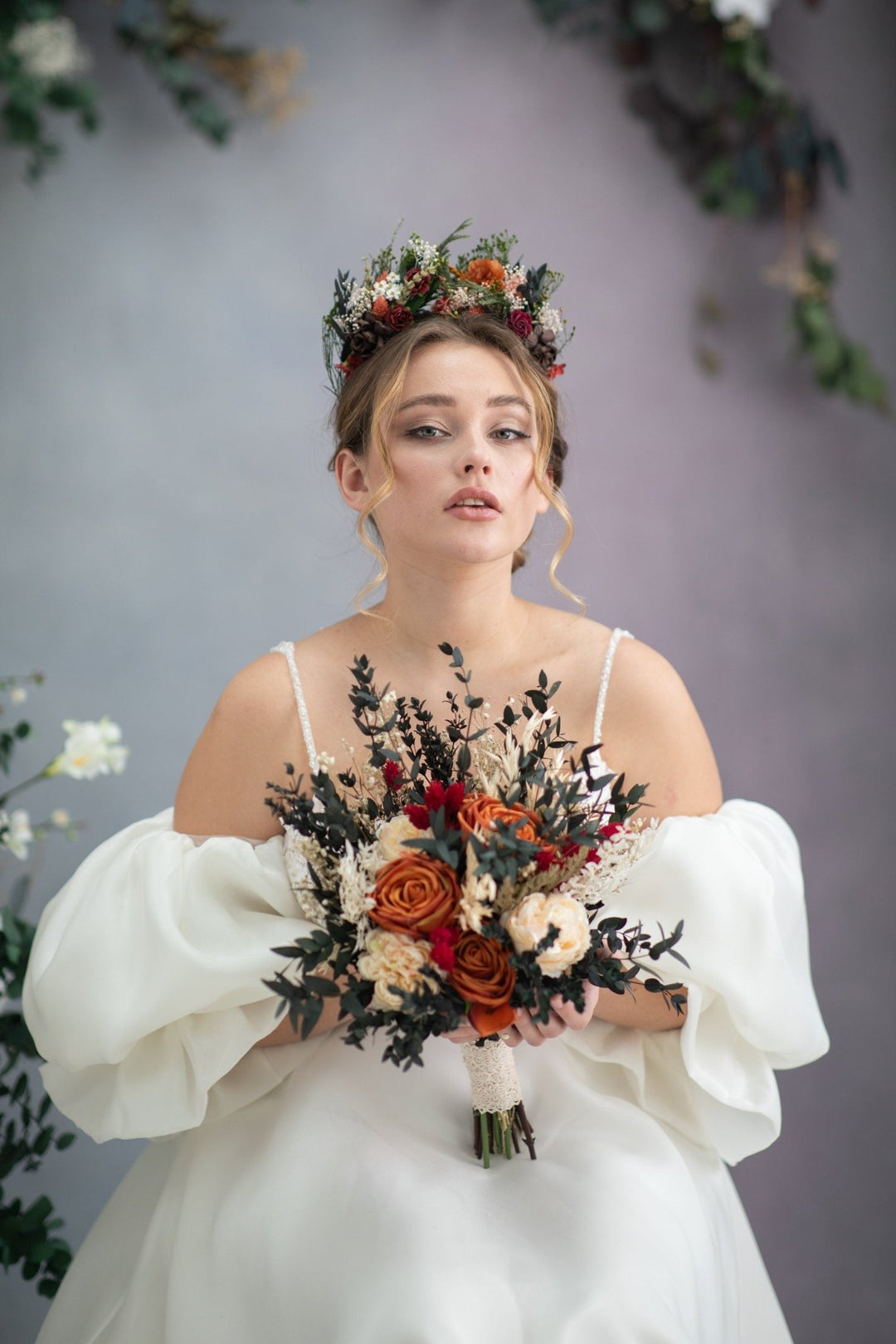 Terracotta Bridal Bouquet: Burnt Orange Rustic Wedding Flowers – handmade floral hair accessory by magaela