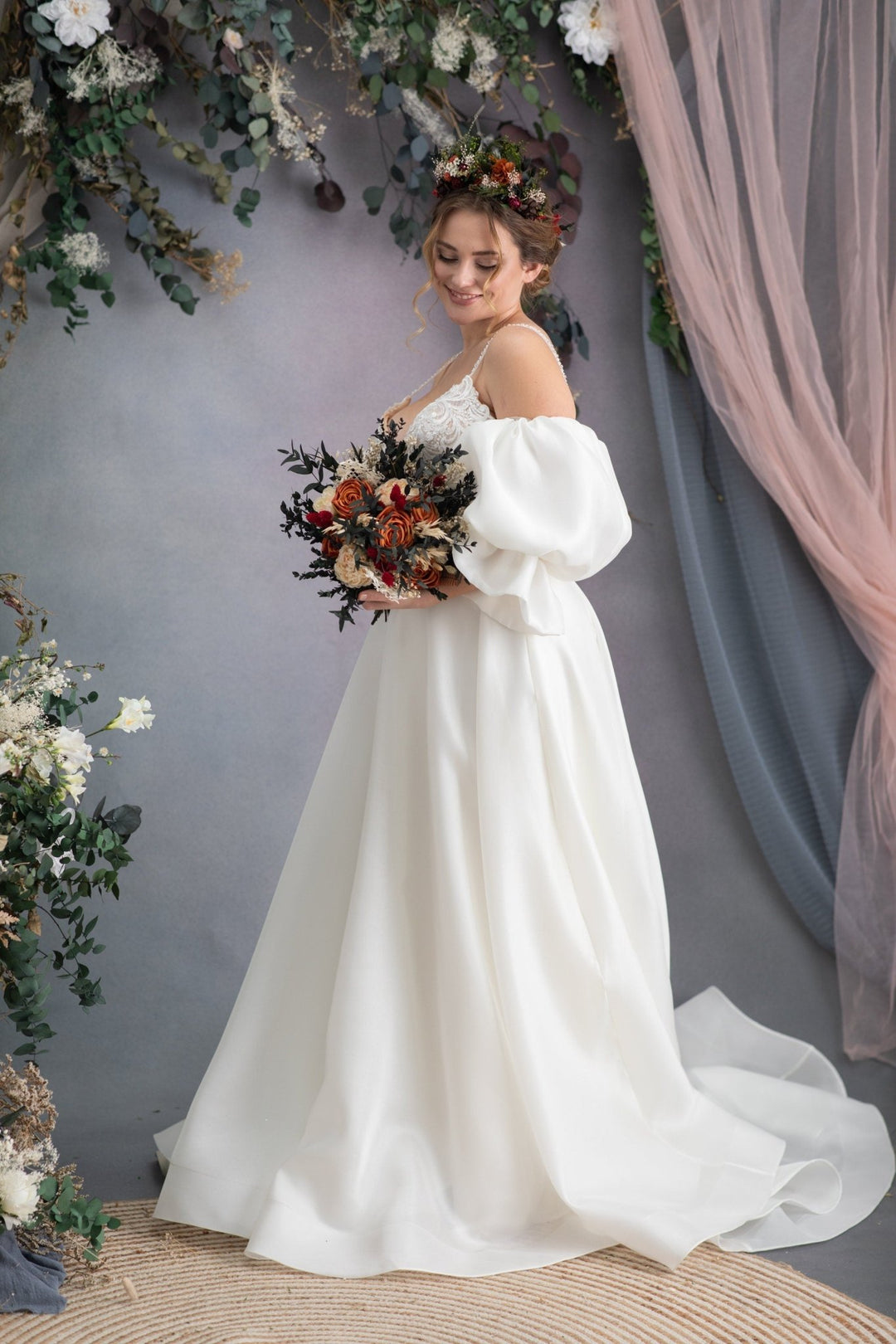 Terracotta Bridal Bouquet: Burnt Orange Rustic Wedding Flowers – handmade floral hair accessory by magaela