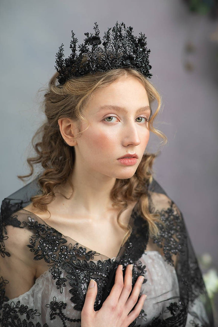 Black Flower Crown: Gothic Wedding Bridal Headpiece – handmade floral hair accessory by magaela