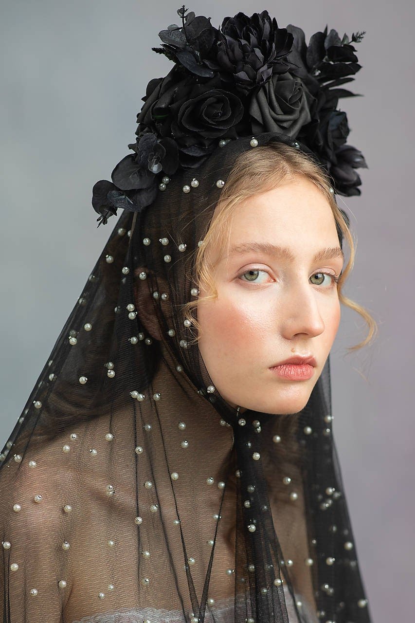 Gothic flower crown: Halloween flower black headpiece – handmade floral hair accessory by magaela