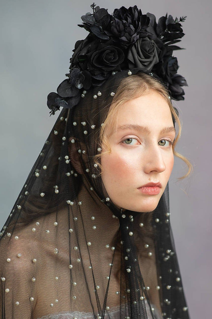 Gothic flower crown: Halloween flower black headpiece – handmade floral hair accessory by magaela