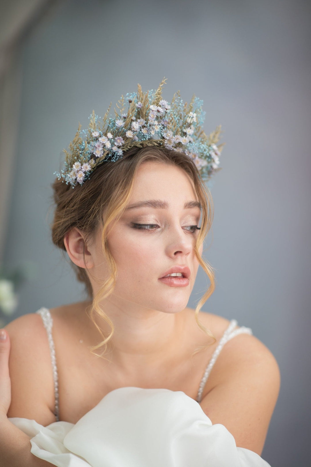 Baby Blue Preserved Flower Crown: Fairy Bridal Headpiece – handmade floral hair accessory by magaela