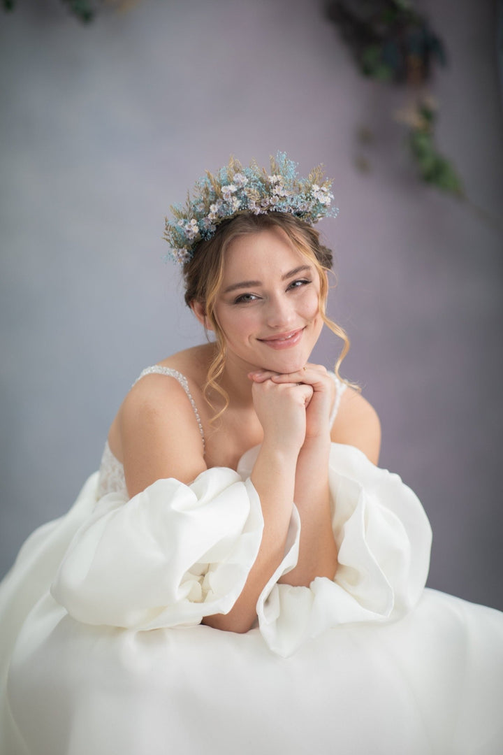 Baby Blue Preserved Flower Crown: Fairy Bridal Headpiece – handmade floral hair accessory by magaela