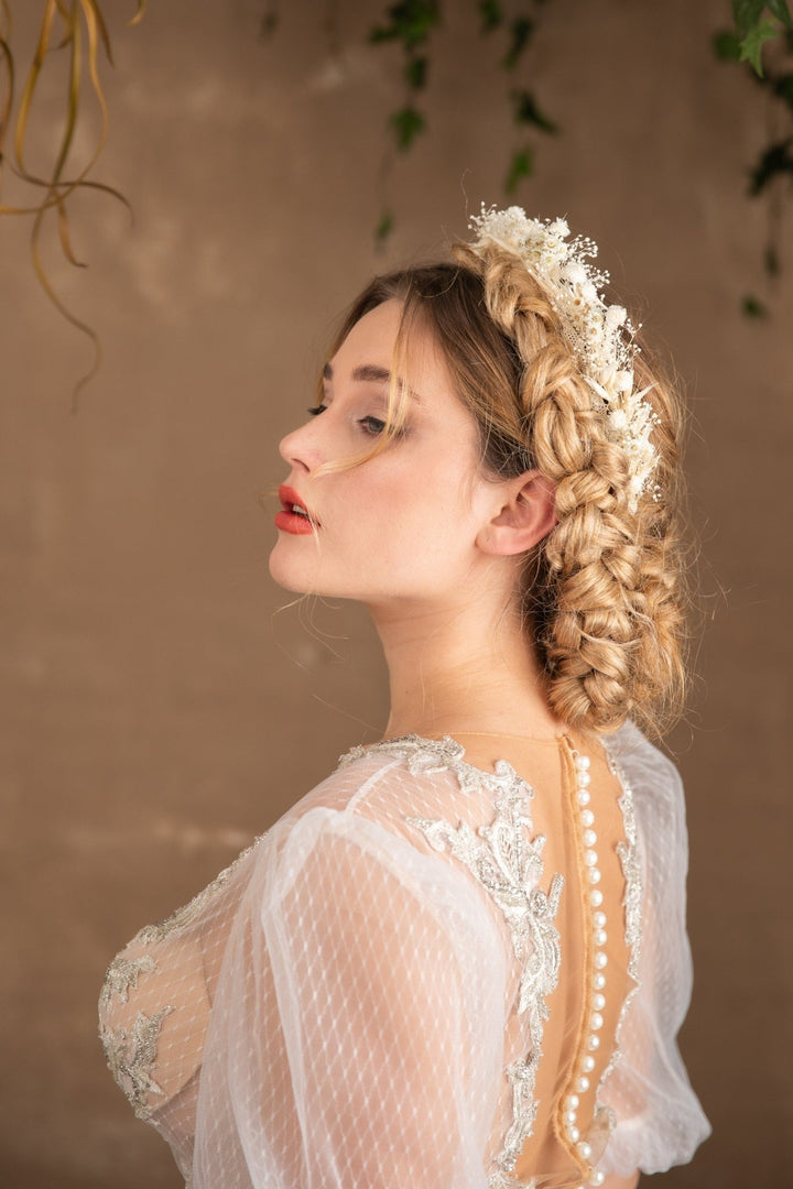 Baby's Breath Bridal Half Crown: Dried Flower Hair Wreath – handmade floral hair accessory by magaela