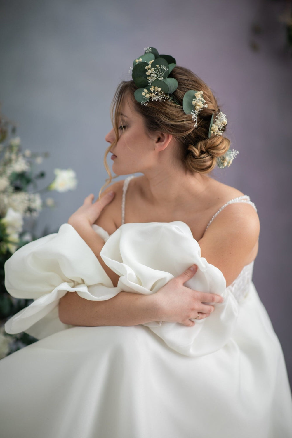 Eucalyptus Bridal Headband: Greenery & Baby's Breath Wedding Crown – handmade floral hair accessory by magaela