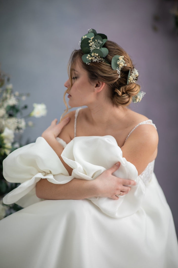 Eucalyptus Bridal Headband: Greenery & Baby's Breath Wedding Crown – handmade floral hair accessory by magaela