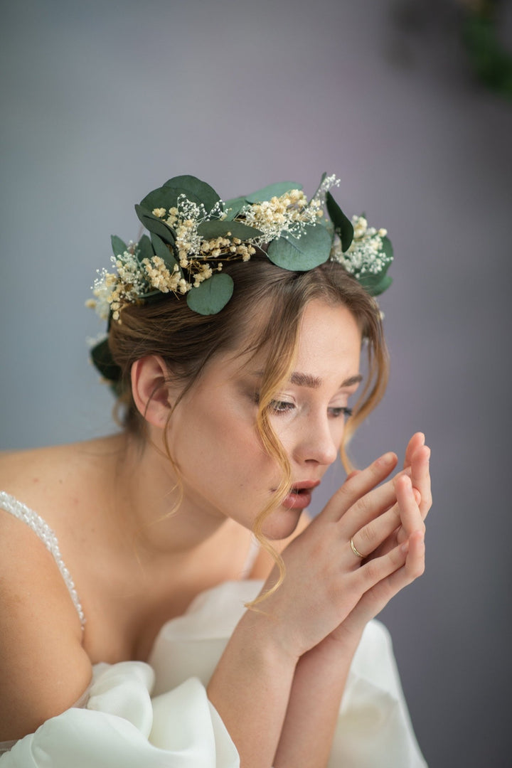 Eucalyptus Bridal Headband: Greenery & Baby's Breath Wedding Crown – handmade floral hair accessory by magaela