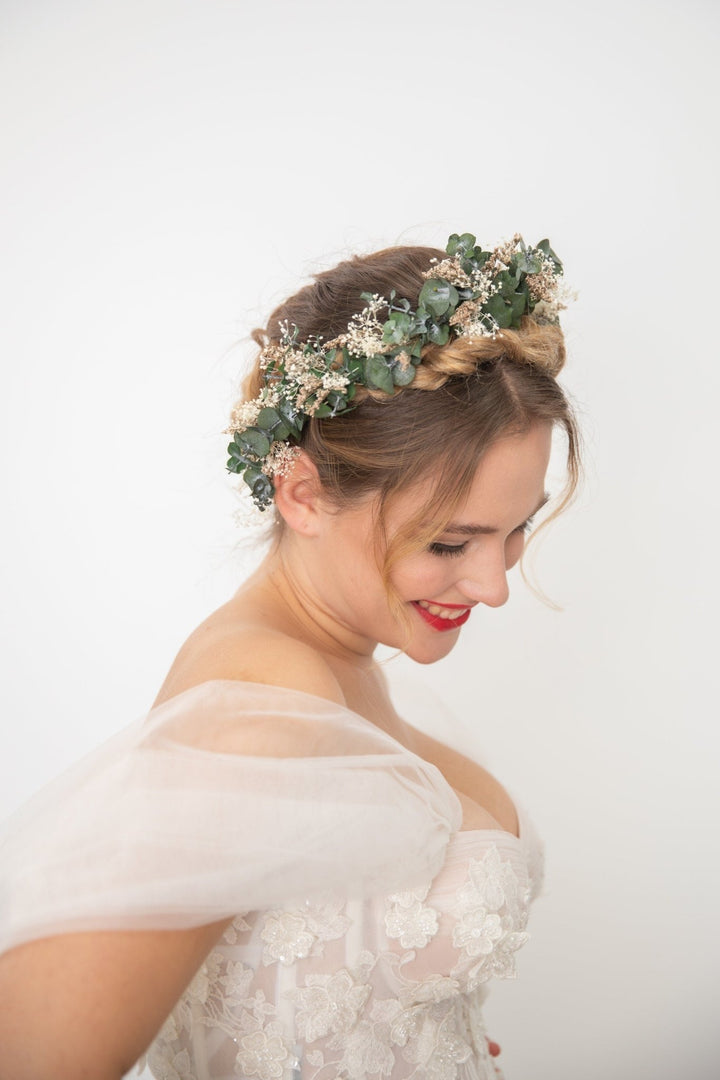 Eucalyptus Bridal Crown: Boho Greenery Flower Hair Wreath – handmade floral hair accessory by magaela