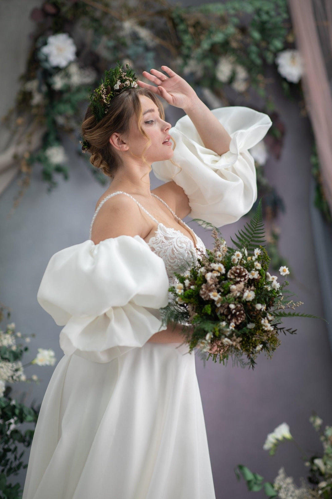 Woodland Bridal Bouquet: Preserved Ferns & Pine Cones – handmade floral hair accessory by magaela